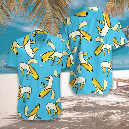 Funny Cute Banana Duck Hawaiian Shirt Deep Sky Blue, Hawaiian Shirt Gift, Christmas Gift