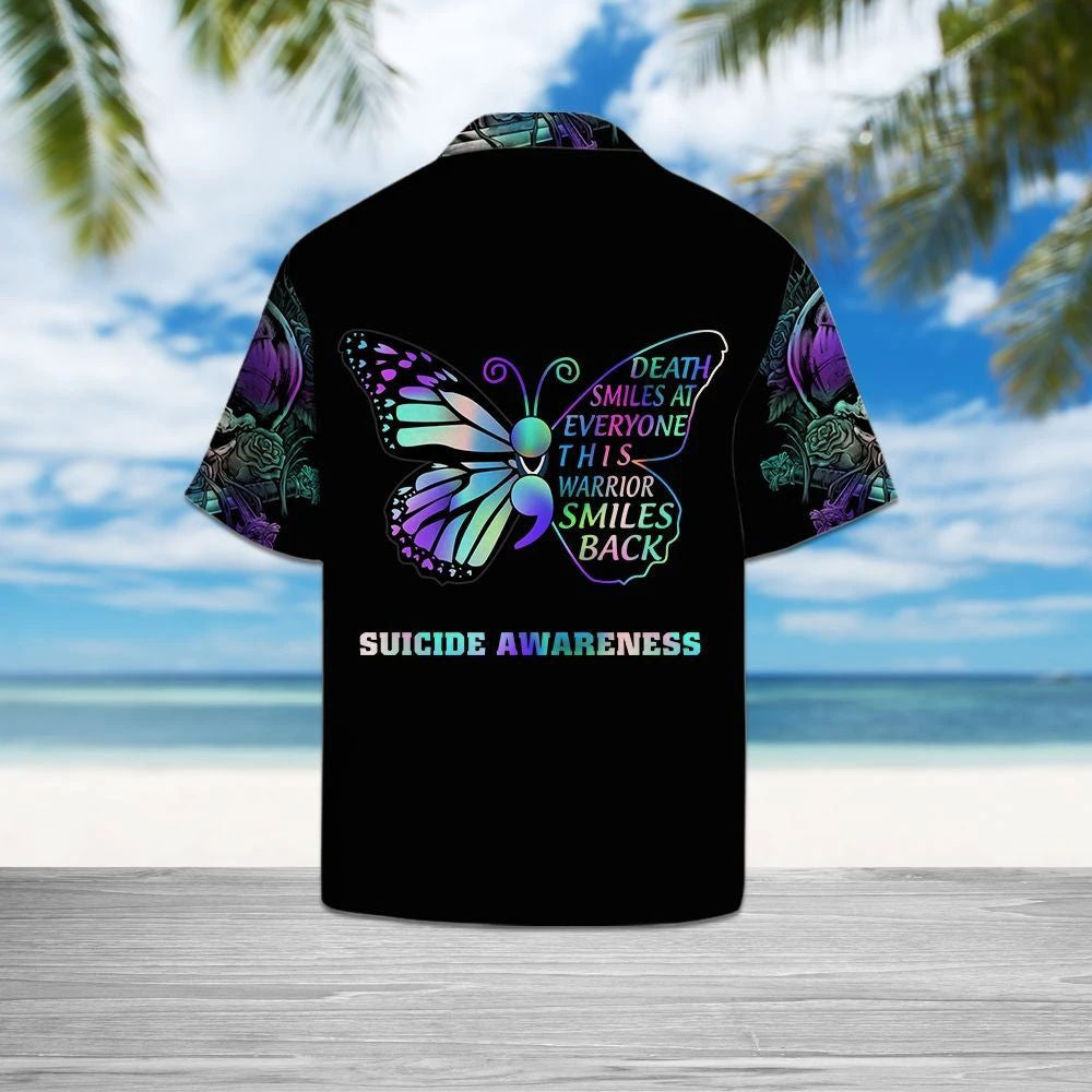 Suicide Prevention Awareness Butterfly And Skull On Black Pattern Hawaiian Shirt, Hawaiian Shirt Gift, Christmas Gift
