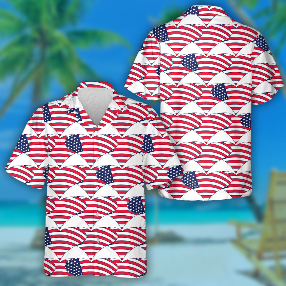 Independence Day Of America Flag On Heart Shapes Pattern Hawaiian Shirt, Hawaiian Shirt Gift, Christmas Gift