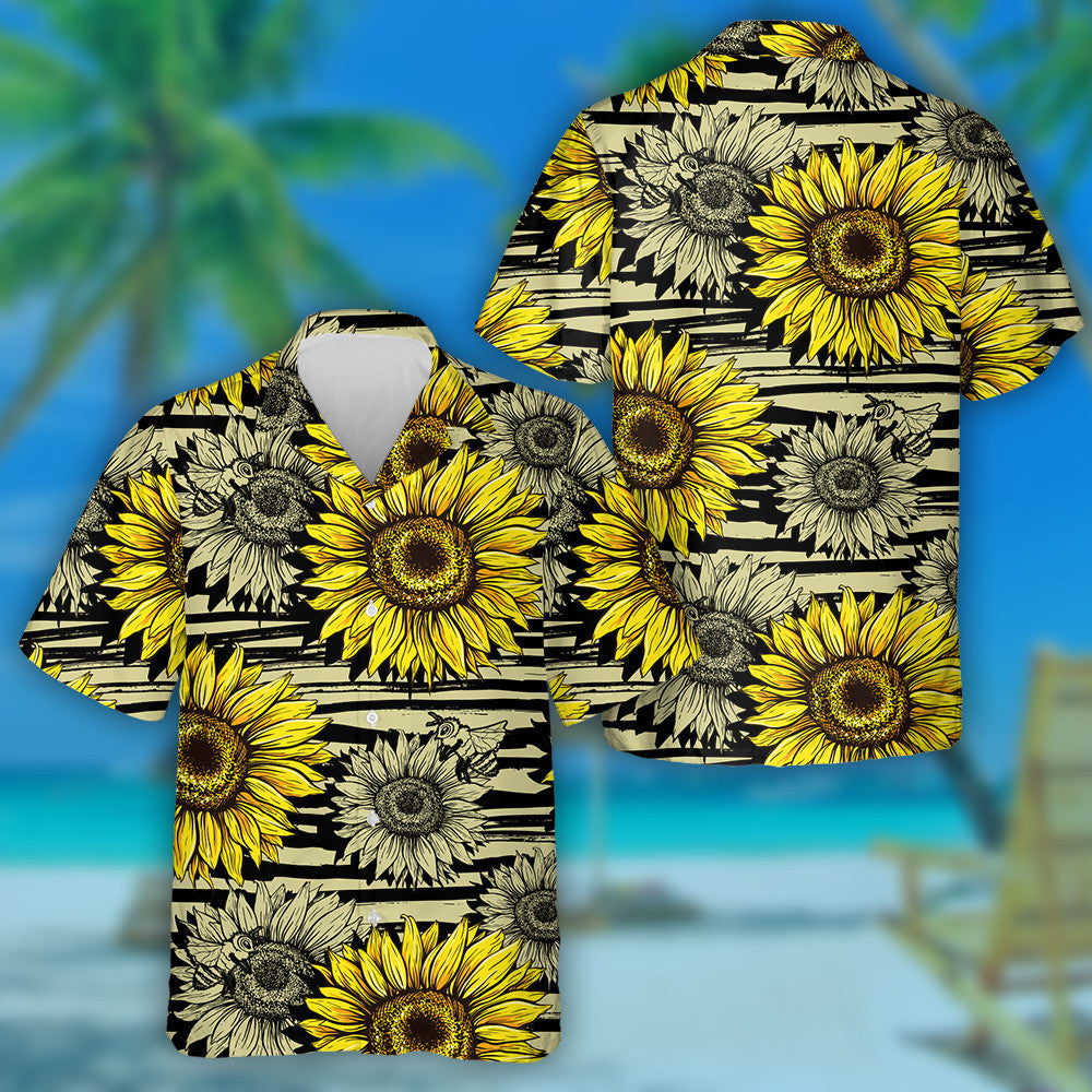 Horizontal Stripped Brush Strokes Pattern With Bees And Sunflowers Hawaiian Shirt, Hawaiian Shirt Gift, Christmas Gift