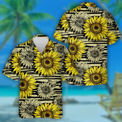 Horizontal Stripped Brush Strokes Pattern With Bees And Sunflowers Hawaiian Shirt, Hawaiian Shirt Gift, Christmas Gift