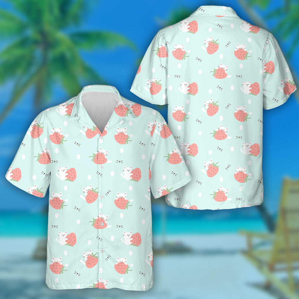 Cartoon Cat And Strawberry On Pastel Green Hawaiian Shirt, Hawaiian Shirt Gift, Christmas Gift