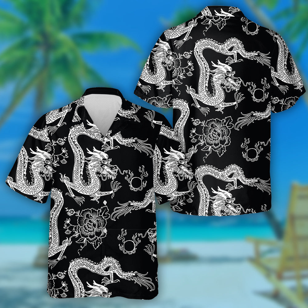 Beautiful Vintage Ink Chinese Dragon Black And White Hawaiian Shirt, Hawaiian Shirt Gift, Christmas Gift