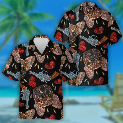 Embroidery Gangster Bulldog Hearts And Guns Hawaiian Shirt,Hawaiian Shirt Gift, Christmas Gift