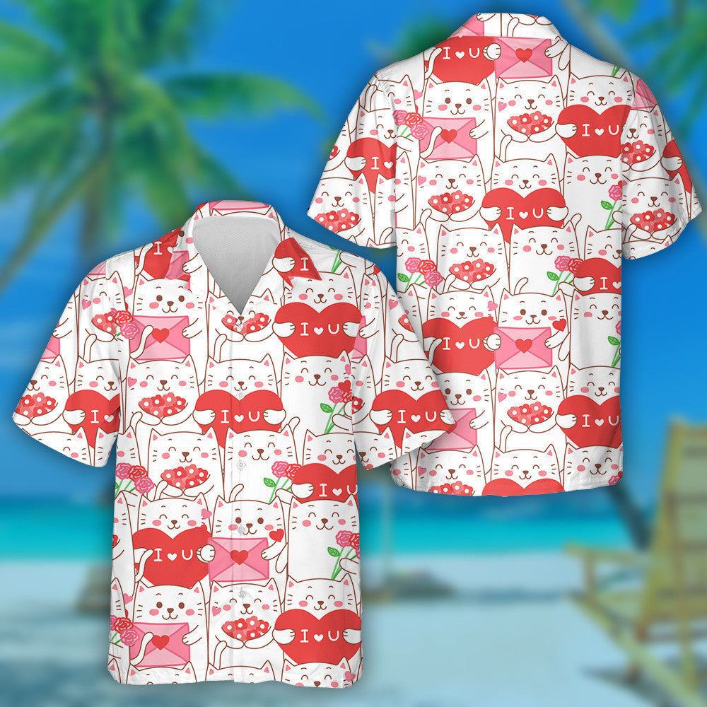 Cute Cat Cartoon For Valentine Day Hawaiian Shirt,Hawaiian Shirt Gift, Christmas Gift