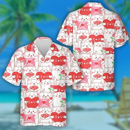 Cute Cat Cartoon For Valentine Day Hawaiian Shirt,Hawaiian Shirt Gift, Christmas Gift