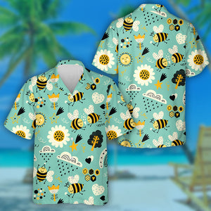 Summer Bees Rainbows Stars And Flowers Hawaiian Shirt,Hawaiian Shirt Gift, Christmas Gift