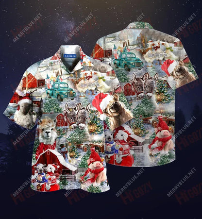 Christmas On Farm Short Hawaiian Shirt Summer Hawaiian T Shirts Vintage Hawaiian Shirts Funny Hawaiian Shirts, Hawaiian Shirt Gift, Christmas Gift