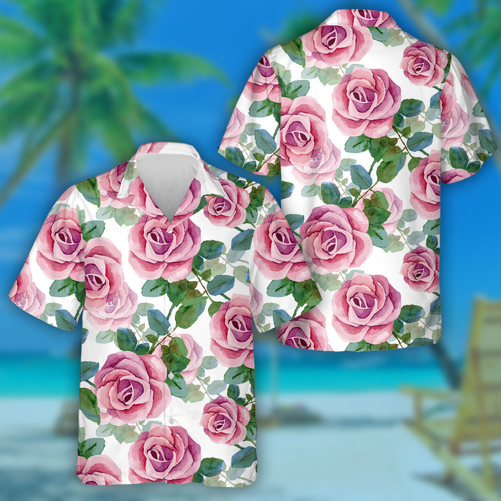 Watercolor Painting Pink Roses And Green Leaves Pattern Hawaiian Shirt, Hawaiian Shirt Gift, Christmas Gift