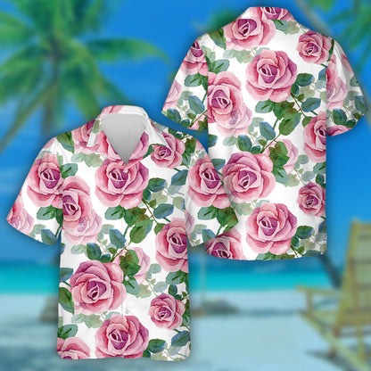 Watercolor Painting Pink Roses And Green Leaves Pattern Hawaiian Shirt, Hawaiian Shirt Gift, Christmas Gift