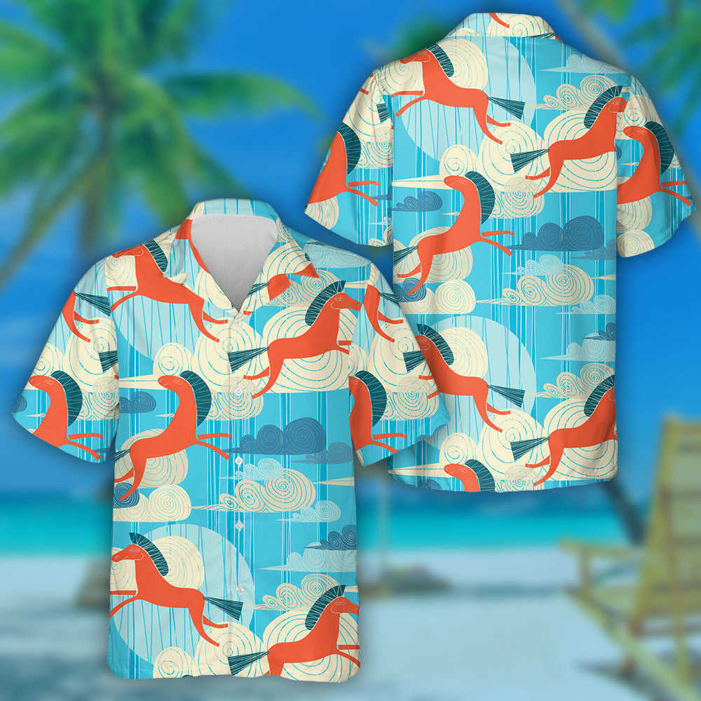 Retro Background With Horses On A Sky Hawaiian Shirt,Hawaiian Shirt Gift, Christmas Gift