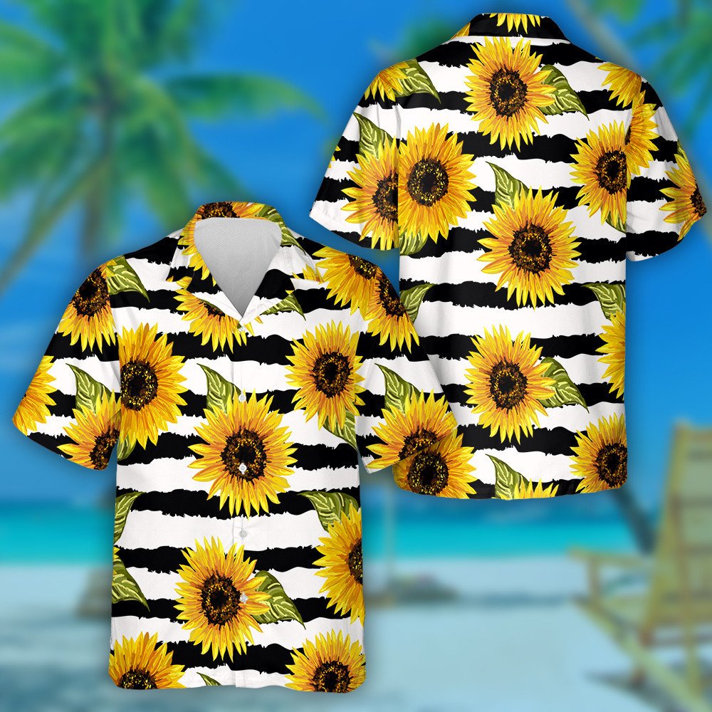 Vintage Sunflowers And Leaves On Abstract Black Striped Hawaiian Shirt, Hawaiian Shirt Gift, Christmas Gift