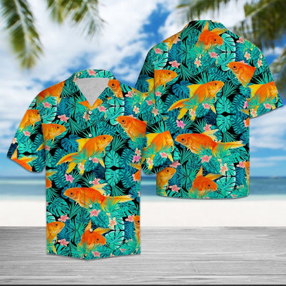 Goldfish With Tropical Leaves And Flowers Hawaiian Shirt,Hawaiian Shirt Gift, Christmas Gift