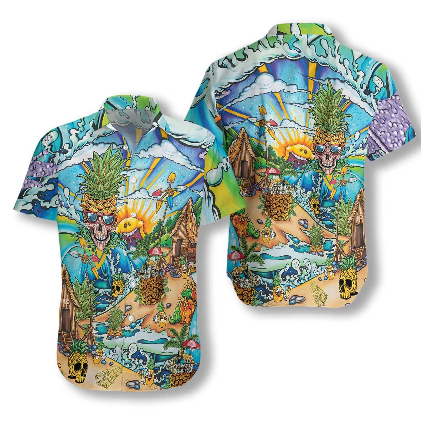 Pineapple Skull Beach Funny Design Hawaiian Shirt,Hawaiian Shirt Gift, Christmas Gift