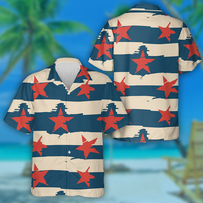 Retro Vintage Blue And Beige Striped With Red Stars Hawaiian Shirt, Hawaiian Shirt Gift, Christmas Gift