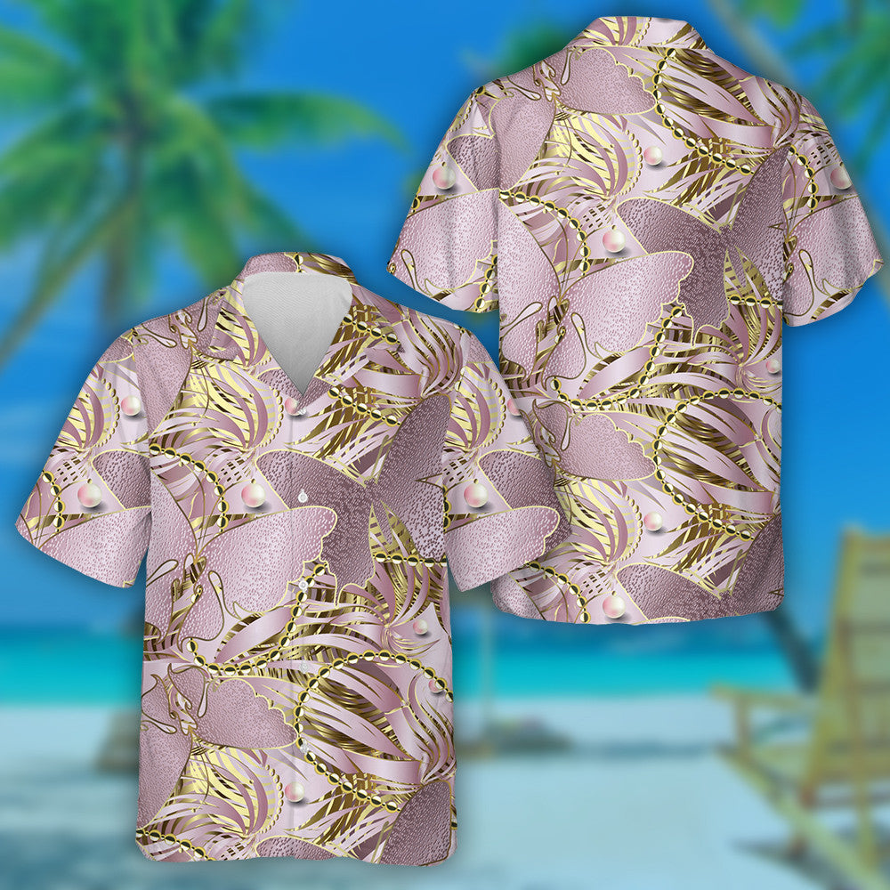 Hand Drawn Glittery Butterflies Rose Gold Background Hawaiian Shirt, Hawaiian Shirt Gift, Christmas Gift