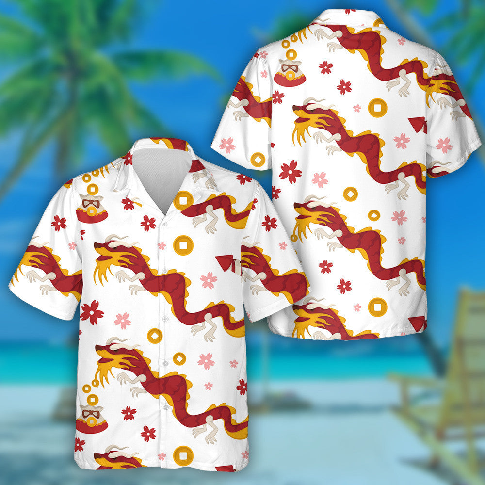 Chinese Dragon And Firecracker Coins And Blossom Of Flowers Hawaiian Shirt, Hawaiian Shirt Gift, Christmas Gift