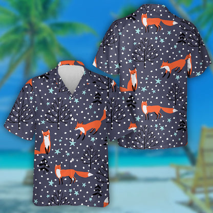 Foxes In The Woodland Stars Snow On The Black Background Hawaiian Shirt, Hawaiian Shirt Gift, Christmas Gift