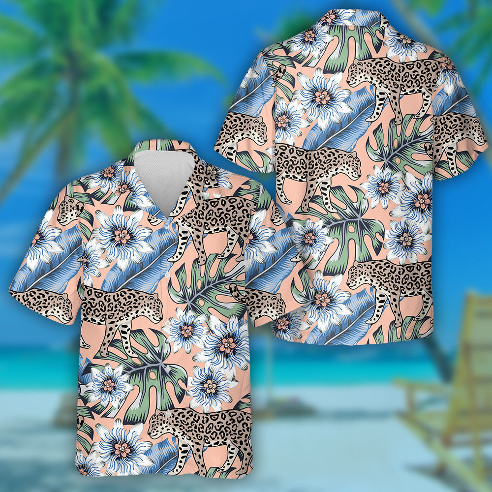 Tropical Leopard Animal And Passion Flowers Pink Background Hawaiian Shirt, Hawaiian Shirt Gift, Christmas Gift