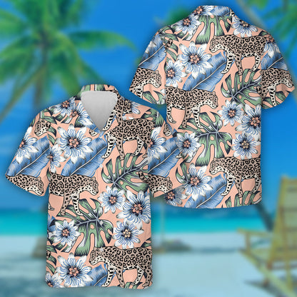 Tropical Leopard Animal And Passion Flowers Pink Background Hawaiian Shirt, Hawaiian Shirt Gift, Christmas Gift
