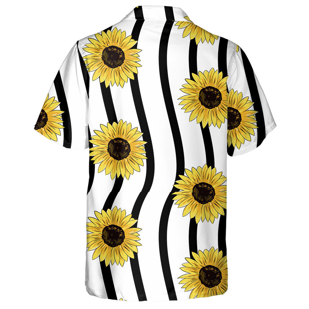 Sunflower Hippie Symbol On Black Wavy Striped Background Hawaiian Shirt, Hawaiian Shirt Gift, Christmas Gift