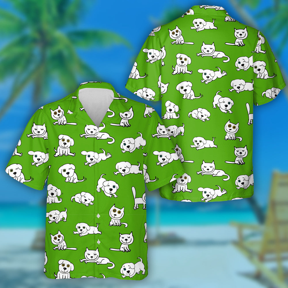 Funny Cats And Dogs On Green Isolated Background Hawaiian Shirt, Hawaiian Shirt Gift, Christmas Gift