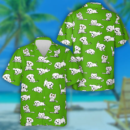 Funny Cats And Dogs On Green Isolated Background Hawaiian Shirt, Hawaiian Shirt Gift, Christmas Gift