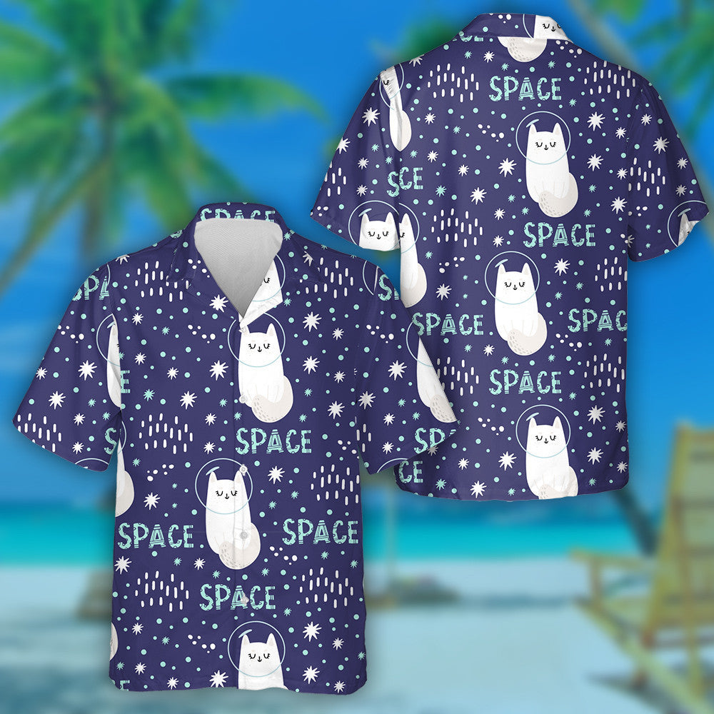 Cool White Cat In Space In Doodle Style Hawaiian Shirt, Hawaiian Shirt Gift, Christmas Gift
