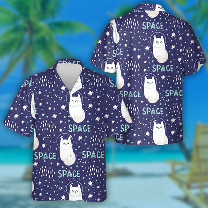 Cool White Cat In Space In Doodle Style Hawaiian Shirt, Hawaiian Shirt Gift, Christmas Gift