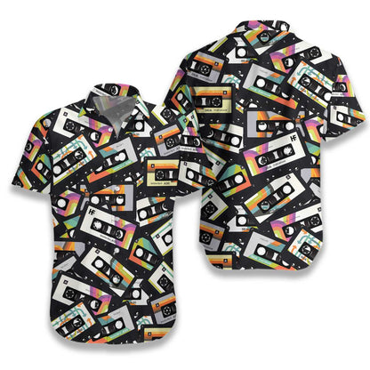 Retro Vintage Cassette Tape Black Theme Hawaiian Shirt,Hawaiian Shirt Gift, Christmas Gift
