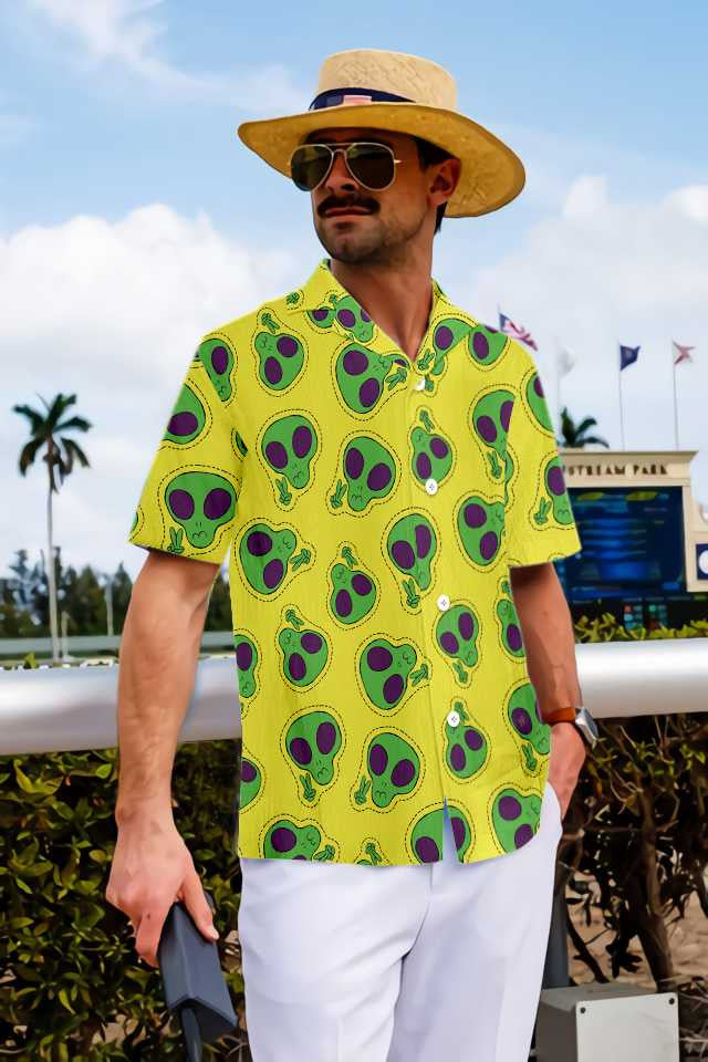 Green Alien Face Patch Pattern Hawaiian Shirt,Hawaiian Shirt Gift, Christmas Gift