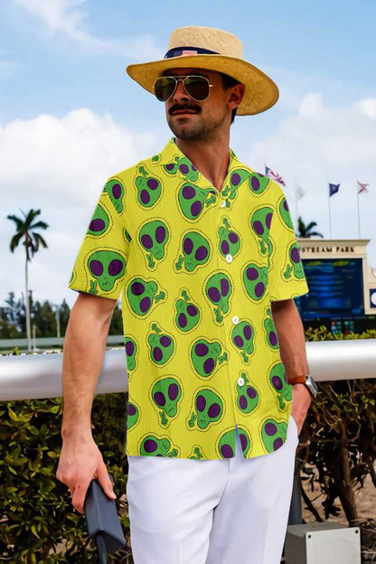 Green Alien Face Patch Pattern Hawaiian Shirt,Hawaiian Shirt Gift, Christmas Gift