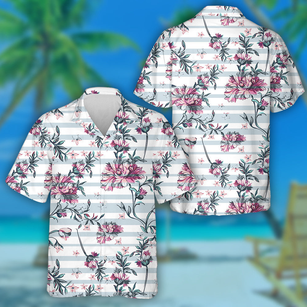 Decorative Pink Flowers Branches On Pastel Striped Background Hawaiian Shirt, Hawaiian Shirt Gift, Christmas Gift