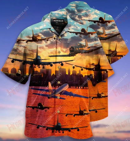 Fly Into Sunset Aircraft Unisex Hawaiian Shirt Vacation Short Sleeve Tactical Hawaiian Shirt Hawaiian Shirts For Women, Hawaiian Shirt Gift, Christmas Gift