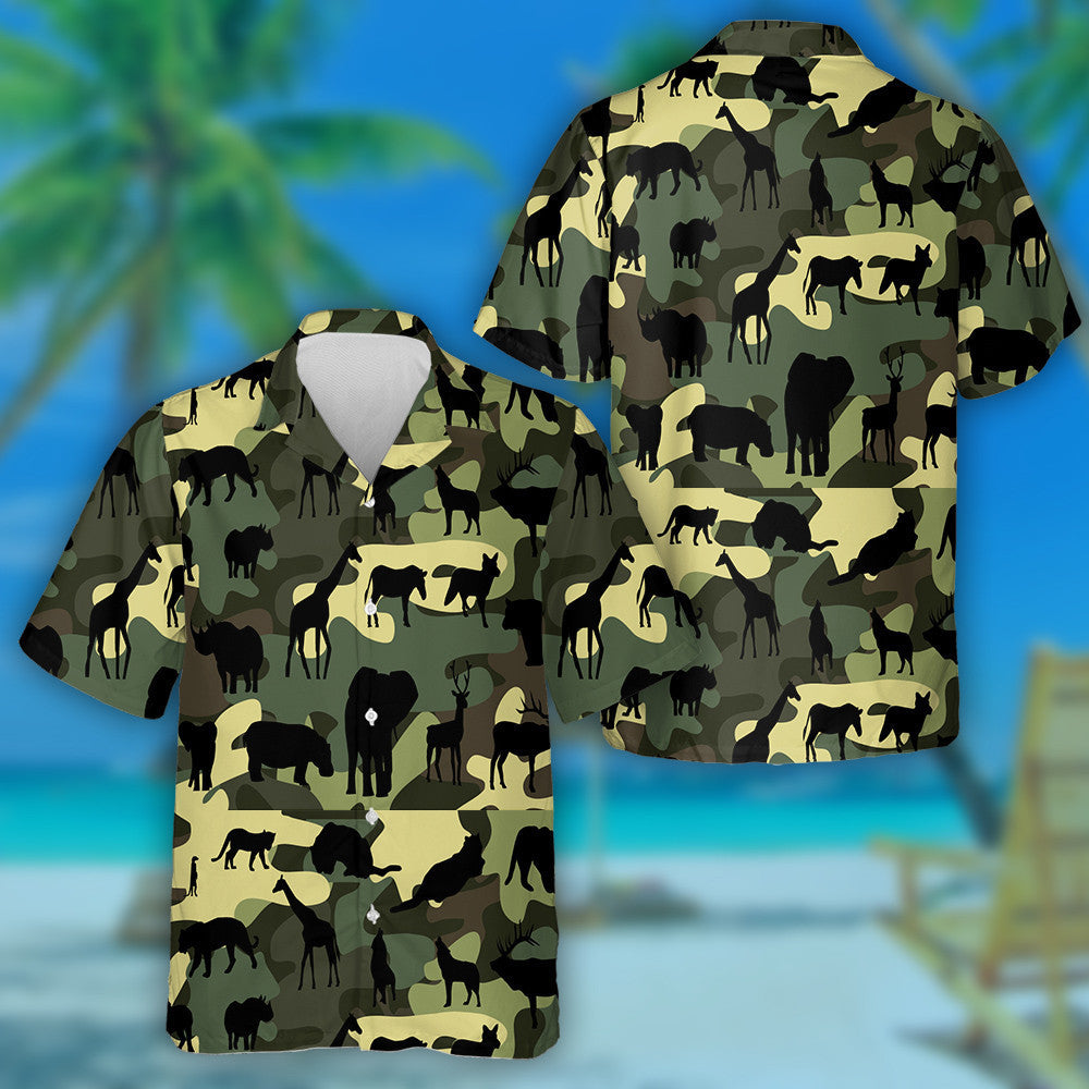 Awesome Wild Animals Silhouette Green Camouflage Background Hawaiian Shirt, Hawaiian Shirt Gift, Christmas Gift