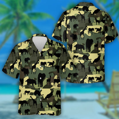 Awesome Wild Animals Silhouette Green Camouflage Background Hawaiian Shirt, Hawaiian Shirt Gift, Christmas Gift