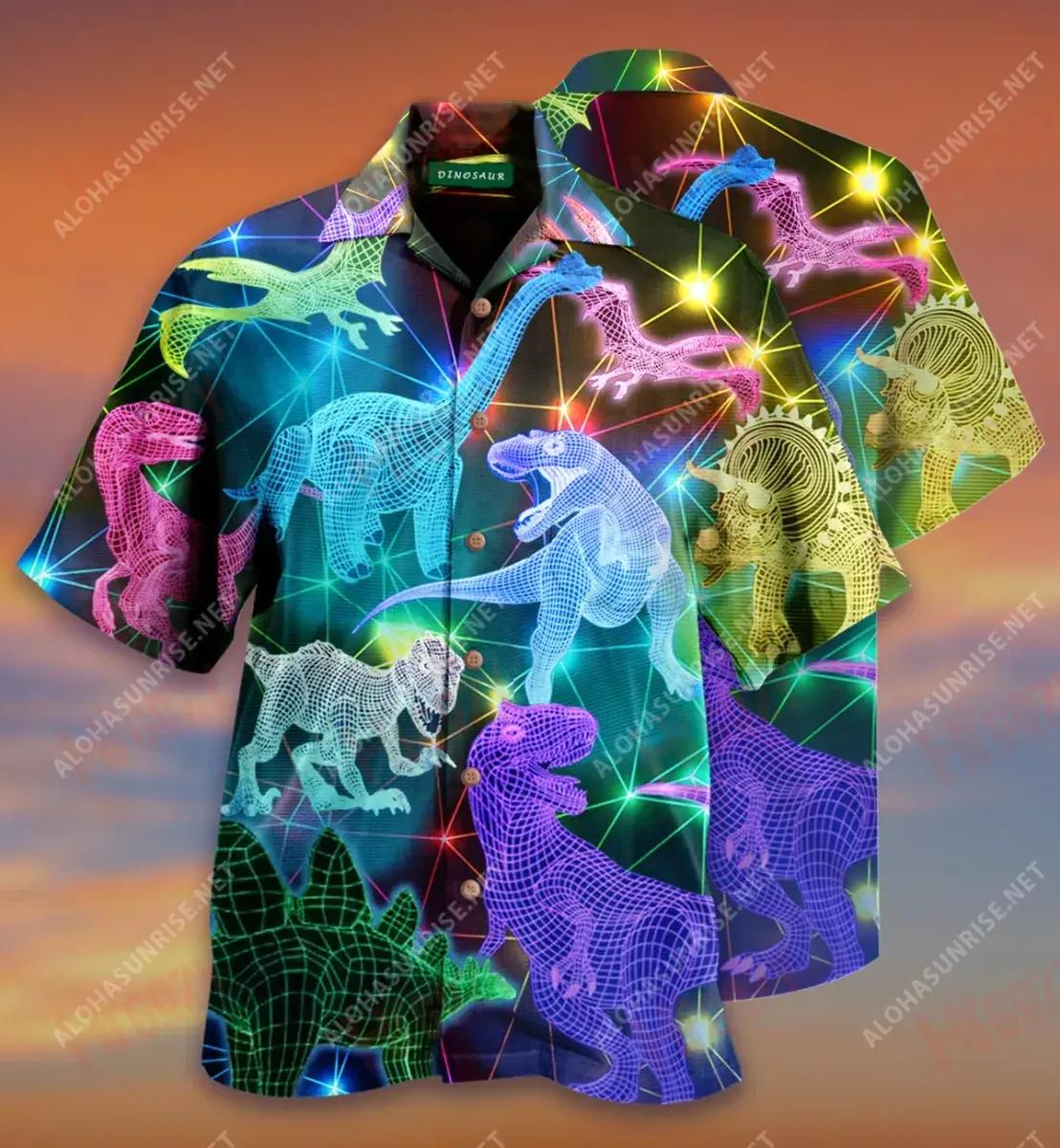 Glowing T-Rex Unisex Short Hawaiian Shirt Summer Short Sleeve Custom Hawaiian Shirts Hawaiian Shirts For Women, Hawaiian Shirt Gift, Christmas Gift