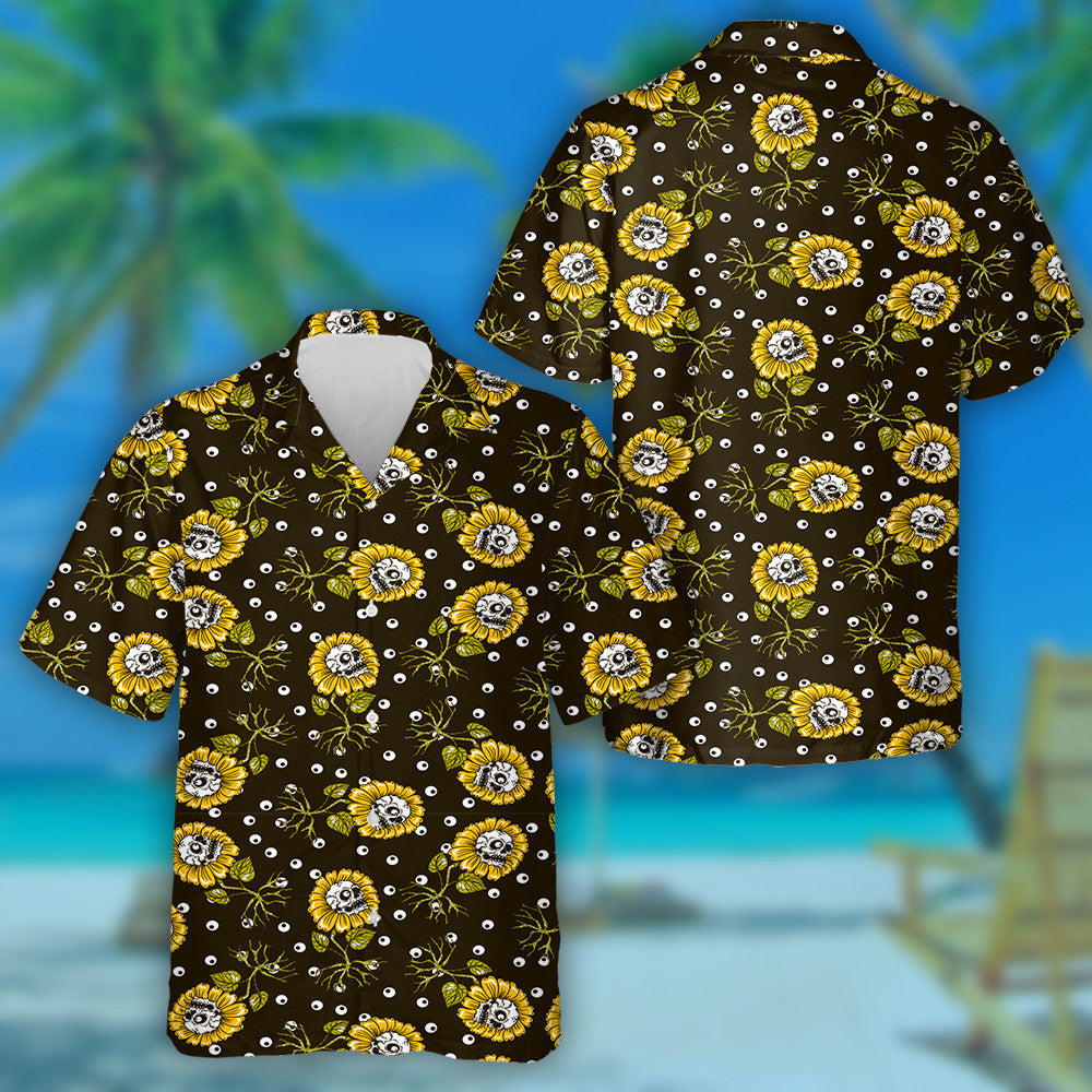 Creepy Skull On Sunflowers Roots Plants And Eyeballs Hawaiian Shirt, Hawaiian Shirt Gift, Christmas Gift