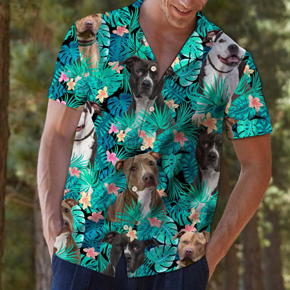 Lovely Pit Bull On Leaves Design Hawaiian Shirt,Hawaiian Shirt Gift, Christmas Gift
