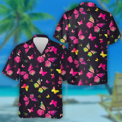Colorful Yellow And Pink Butterflies On Black Hawaiian Shirt, Hawaiian Shirt Gift, Christmas Gift