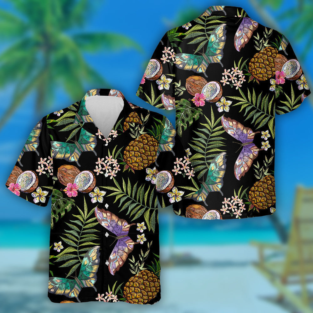 Theme Embroidery Floral With Butterflies And Coconut Hawaiian Shirt, Hawaiian Shirt Gift, Christmas Gift