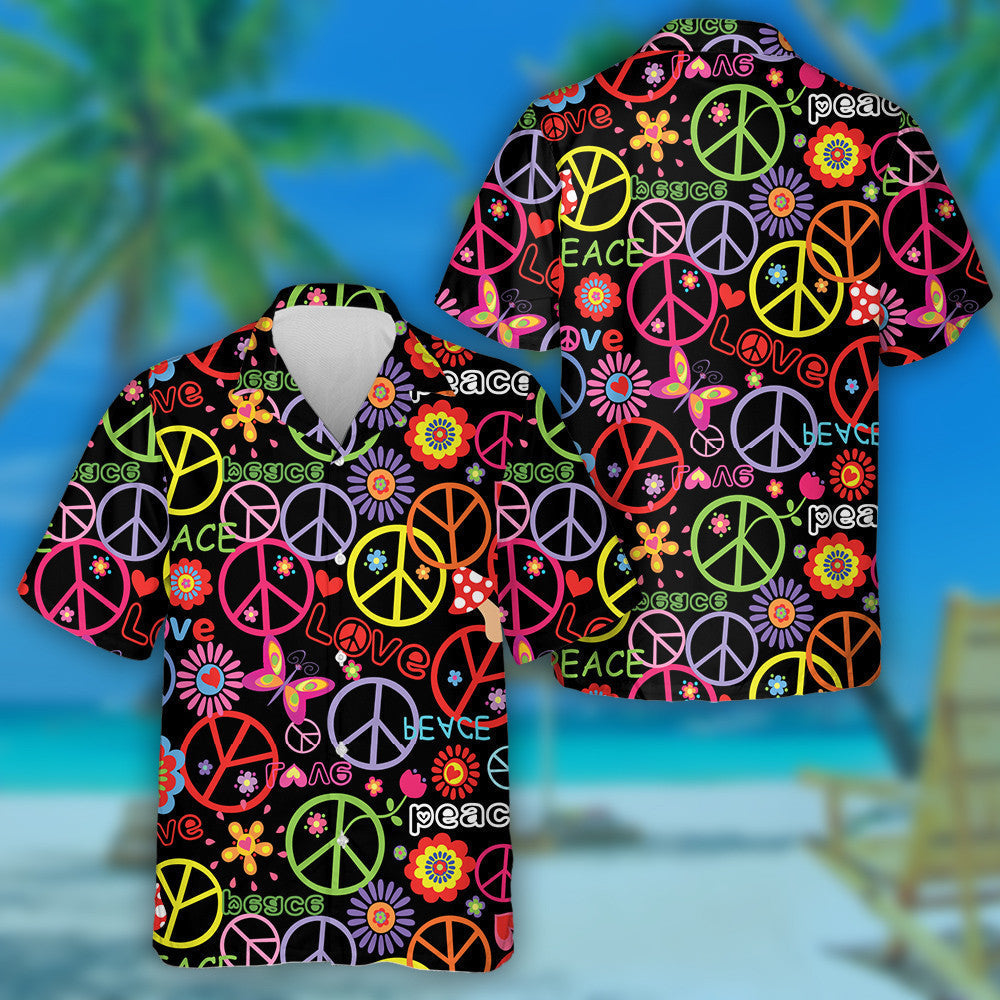 Hippie Pattern With Flowers And Striped On Beige Background Hawaiian Shirt, Hawaiian Shirt Gift, Christmas Gift