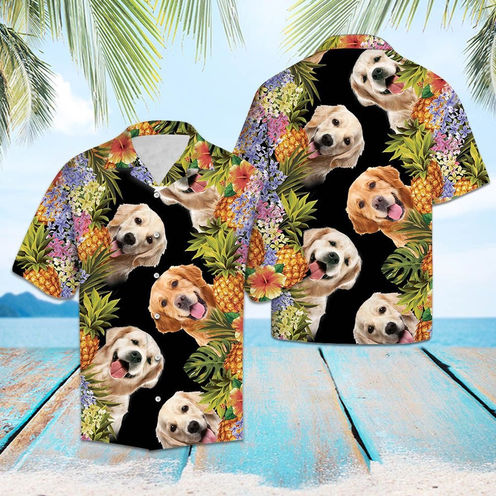 Happy Moment Aloha Golden Retriever Pineapple Leaves Pattern Hawaiian Shirt, Hawaiian Shirt Gift, Christmas Gift