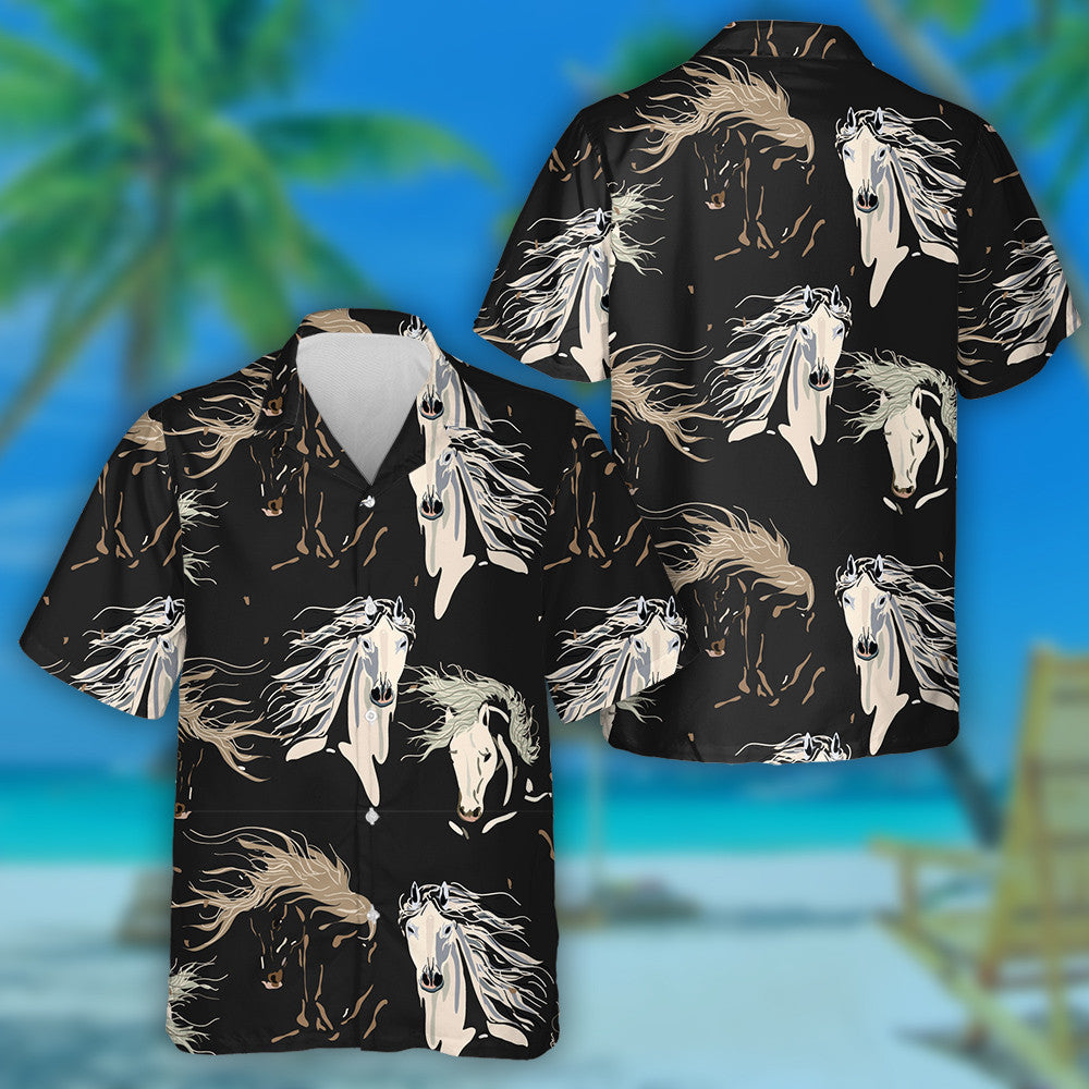 Galloping Horse Square Beige Black Color Background Hawaiian Shirt, Hawaiian Shirt Gift, Christmas Gift