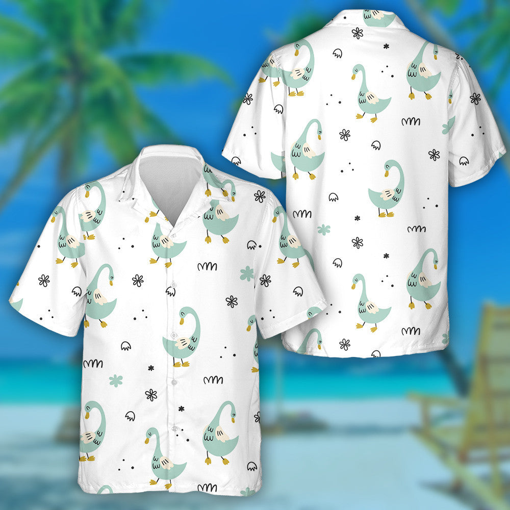Hand Drawn Cute Cartoon Ducks On White Hawaiian Shirt, Hawaiian Shirt Gift, Christmas Gift