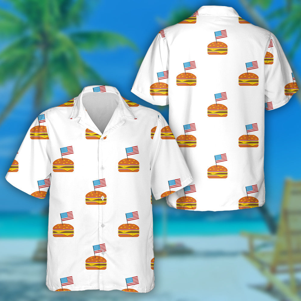 Delicious Cheese Hamburger With Mini American Flag Pattern Hawaiian Shirt, Hawaiian Shirt Gift, Christmas Gift