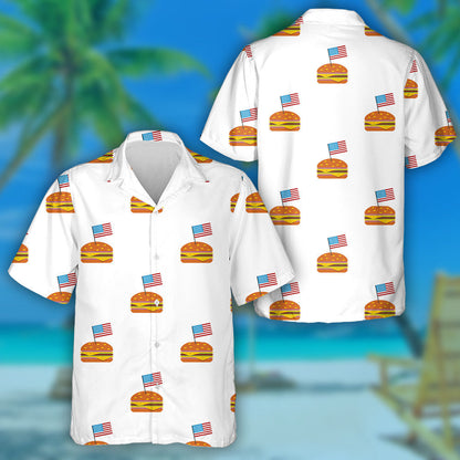 Delicious Cheese Hamburger With Mini American Flag Pattern Hawaiian Shirt, Hawaiian Shirt Gift, Christmas Gift