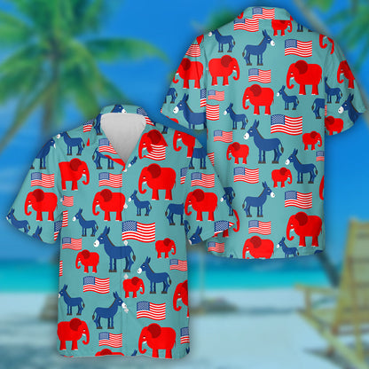 Red Elephant And Blue Donkey With American Flags Pattern Hawaiian Shirt, Hawaiian Shirt Gift, Christmas Gift