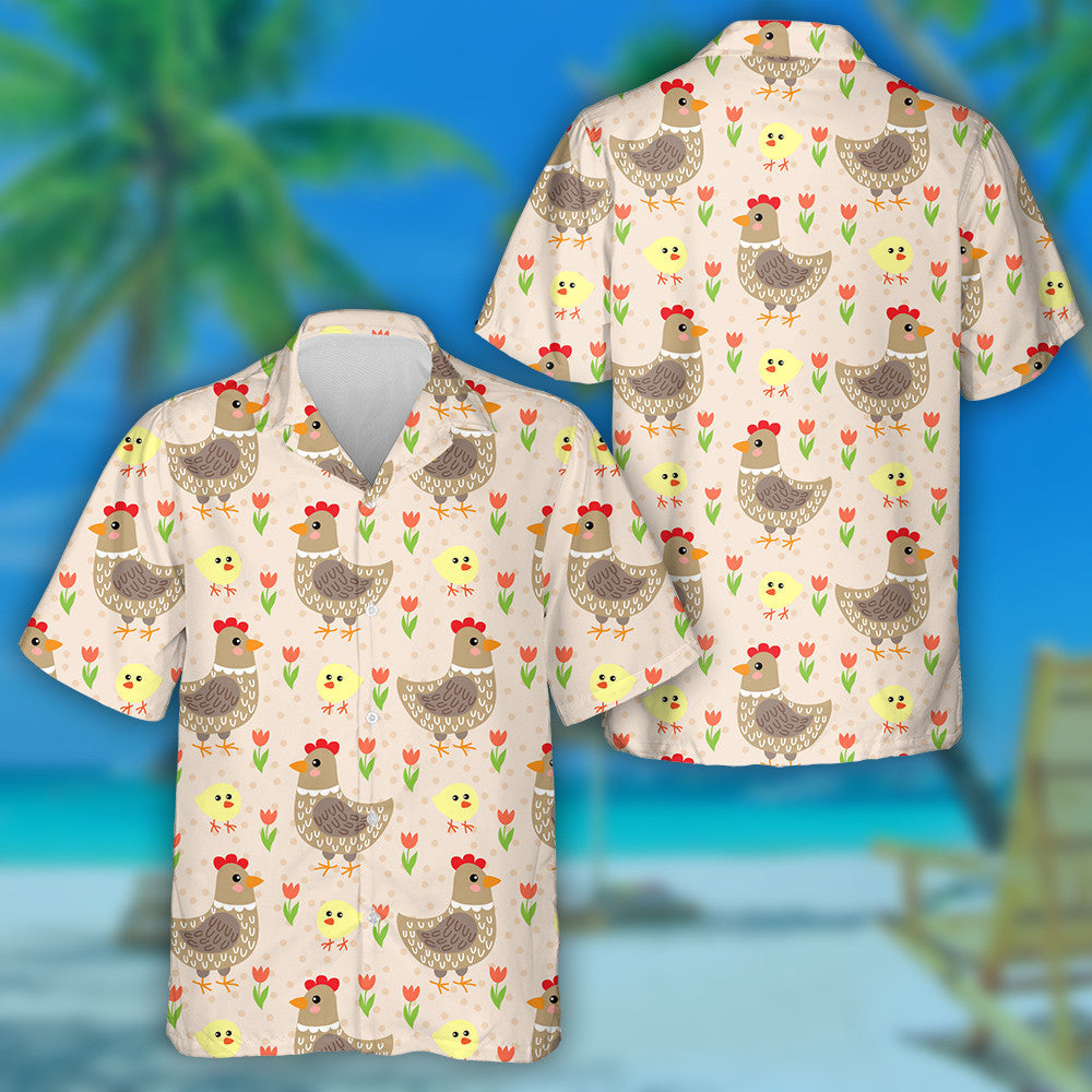Cute Cartoon Hen And Chicken In Flower Garden Hawaiian Shirt, Hawaiian Shirt Gift, Christmas Gift