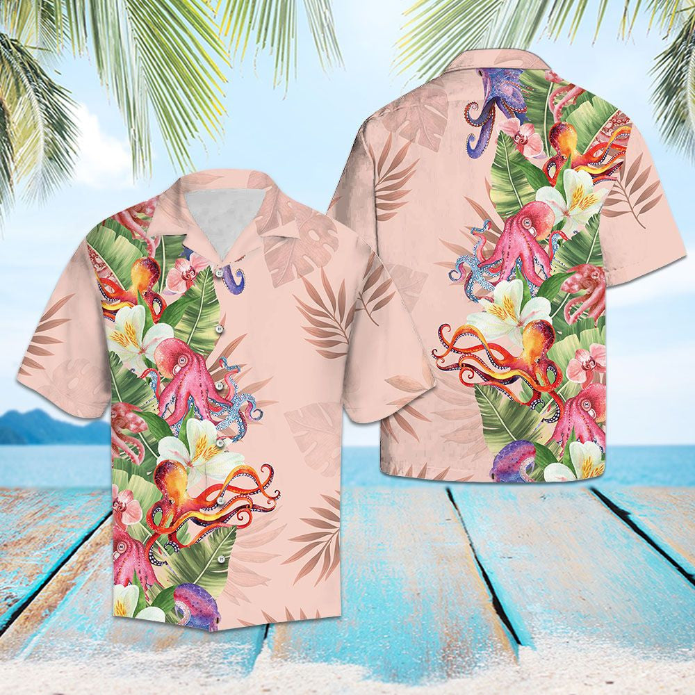 Holiday Gifts Tropical Octopus With Leaves Themed Hawaiian Shirt, Hawaiian Shirt Gift, Christmas Gift
